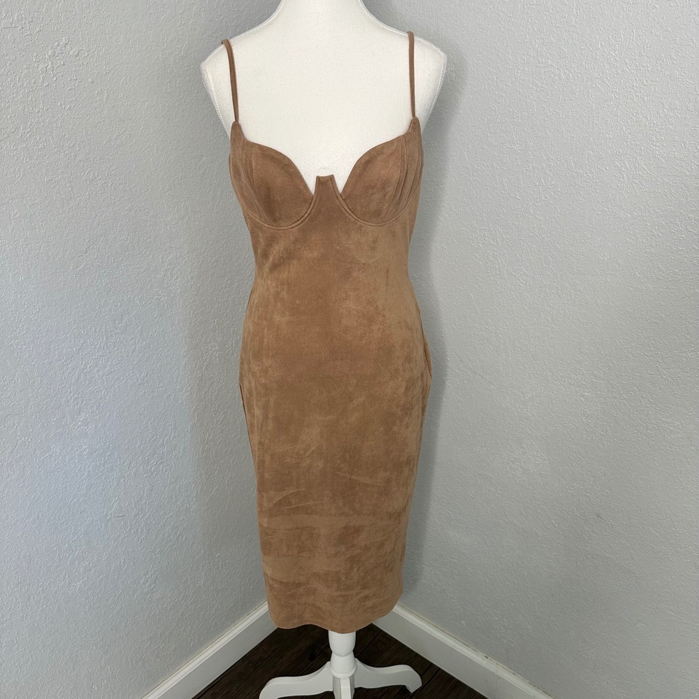 Lac Bleu‎ bodycon Dress Brown Sleeveless Suede Like Cocktail Party Clubbing Sexy